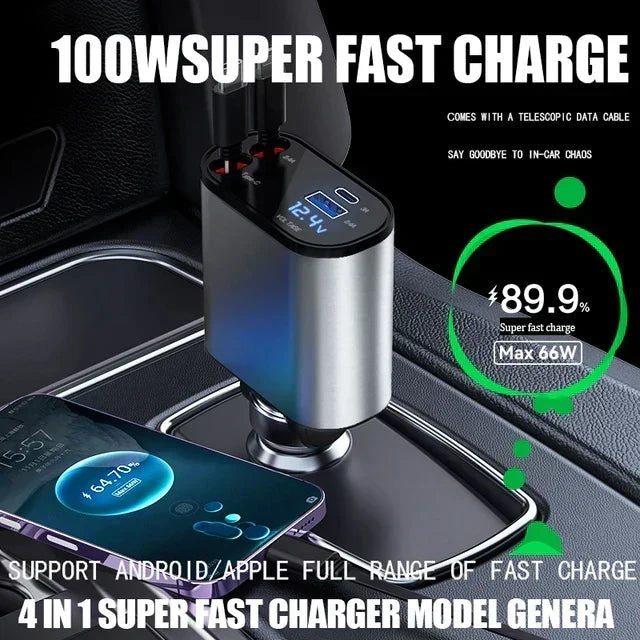 Retractable Fast Car Charger with digital display and telescopic cable for fast charging in vehicle.