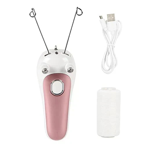 Electric Facial Threading Hair Removal for Women device with a model demonstrating its use for smooth skin.