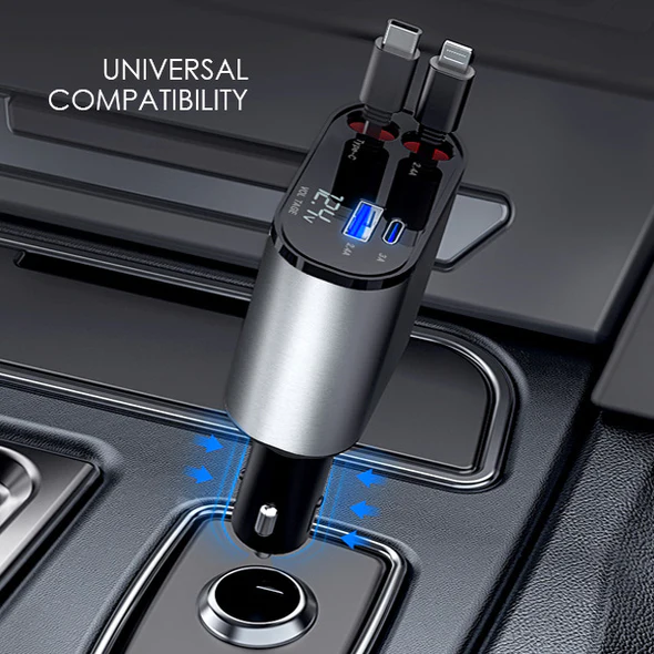 Retractable Fast Car Charger with universal compatibility for quick and convenient charging in your vehicle.