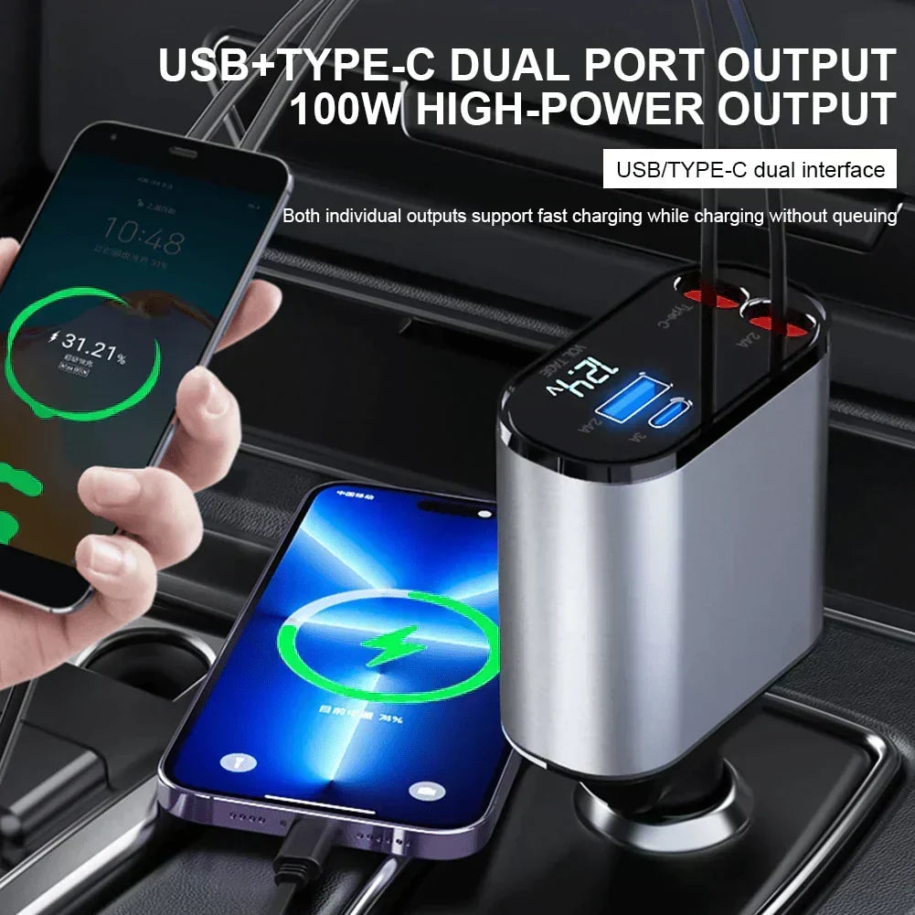 Retractable Fast Car Charger with USB and Type-C dual output, fast charging phones in a car.