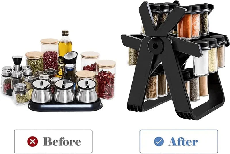 18 Jar Rotating Spice Rack showcasing organized spice jars in a stylish, space-saving design.