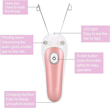 Electric Facial Threading Hair Removal for Women device with a model demonstrating its use for smooth skin.