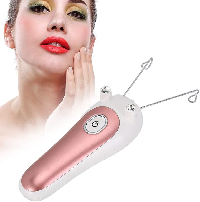 Electric Facial Threading Hair Removal for Women device with a model demonstrating its use for smooth skin.