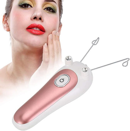 Electric Facial Threading Hair Removal for Women device with a model demonstrating its use for smooth skin.
