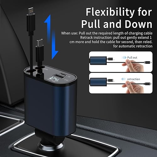 Retractable Fast Car Charger with flexibility for pull and down charging cable adjustment.