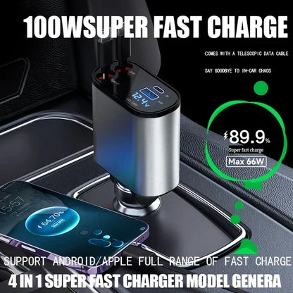 Retractable Fast Car Charger with digital display and telescopic cable for fast charging in vehicle.