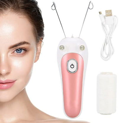 Electric Facial Threading Hair Removal for Women device with a model demonstrating its use for smooth skin.