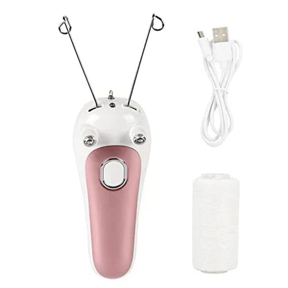Electric Facial Threading Hair Removal for Women device with a model demonstrating its use for smooth skin.