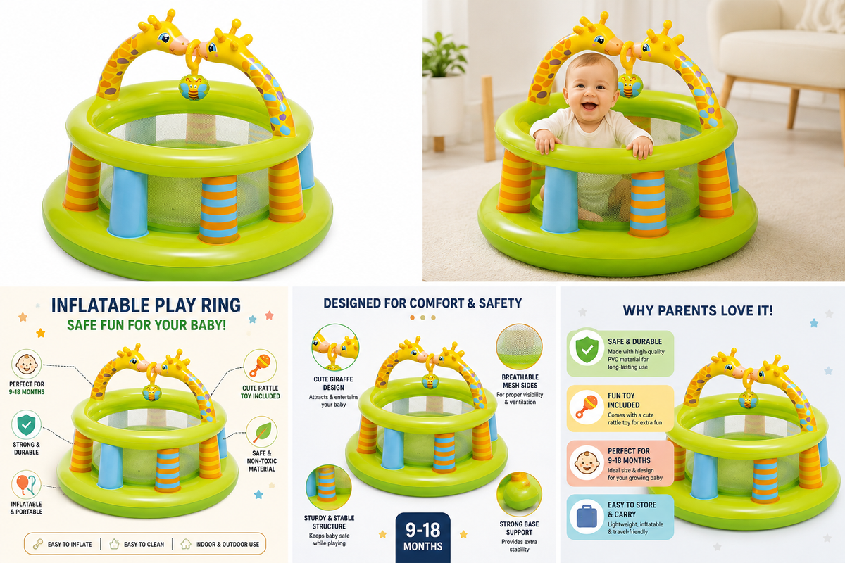 Indoor outdoor kids bouncer featuring giraffe design, providing a fun and safe play space for infants.