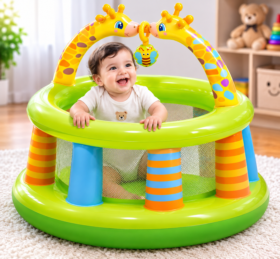 Indoor outdoor kids bouncer featuring giraffe design, providing a fun and safe play space for infants.