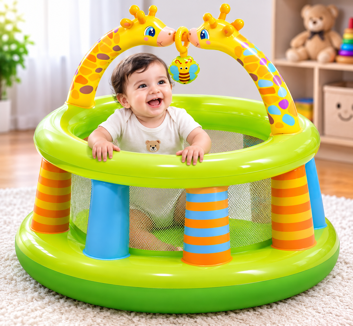 Indoor outdoor kids bouncer featuring giraffe design, providing a fun and safe play space for infants.