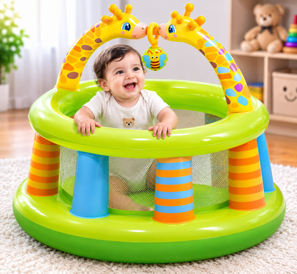 Indoor outdoor kids bouncer featuring giraffe design, providing a fun and safe play space for infants.