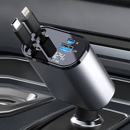Retractable Fast Car Charger with dual USB ports for quick and convenient charging in a car.