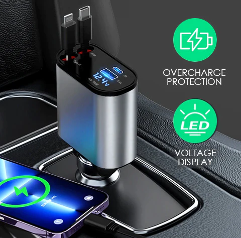Retractable Fast Car Charger with LED voltage display and overcharge protection for safe and quick charging.
